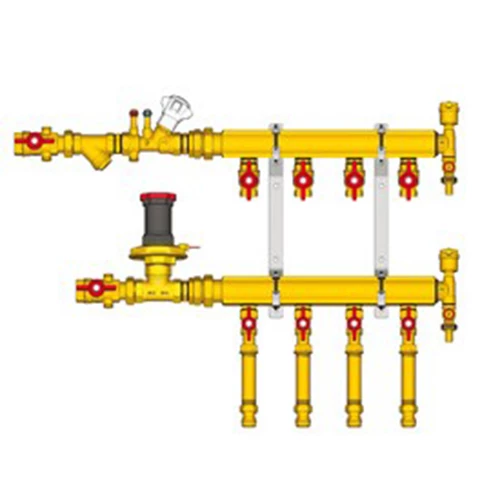 Узел коллекторный отопления Giacomini GE553-B1 1″ Ду32 Ру10 GE553Y107 7 выходов x1/2″, корпус - латунь, этажный, подключение к системе с балансировочной парой