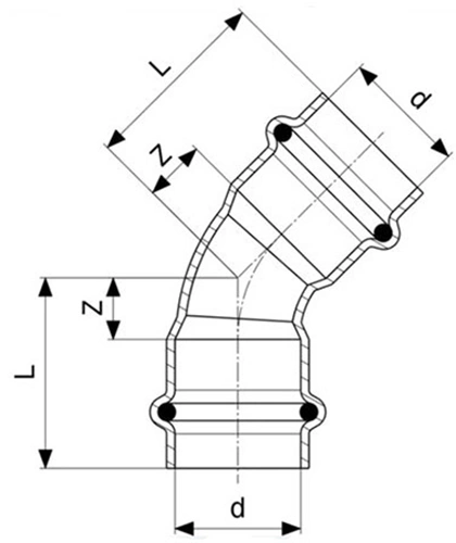 Эскиз Угол пресс Viega Profipress G с SC-Contur 2626 Дн42 45° корпус медь, пресс/пресс, 