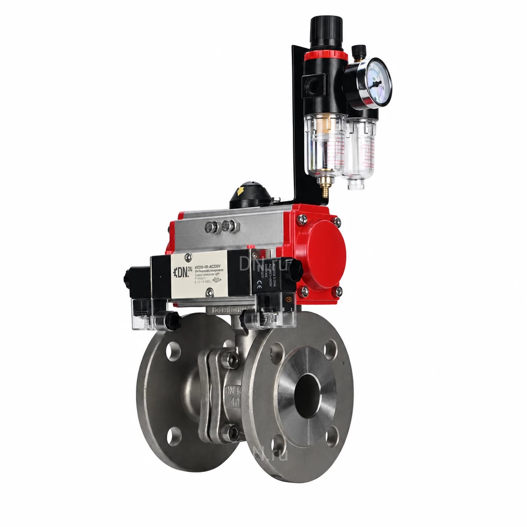 Кран шаровой Ду32 Ру40 полнопроходной фланцевый, корпус - нержавеющая сталь SS316, уплотнение - PTFE, с пневмоприводом PA-SA-105, пневмораспределителем 4M320-10 AC220V и БПВ AFC2000 (BV3232P(2pc)-FP-F-ISO-H)