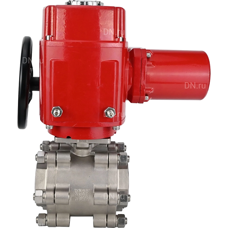 Кран шаровой Ду100 Ру63 полнопроходной, корпус - нержавеющая сталь CF8M/AISI 316, под приварку, с 1/4-оборотным взрывозащищенным электроприводом QT-EX-020M-O2-380VAC-У1 с моментнойм муфтой и штурвалом (BV3232P(3pc)-FP-SW-ISO-H)